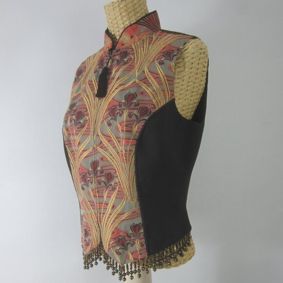 Vtg TAPP New York Womens M Black Gold Red Asian Iris Floral Zip Vest Lace Beaded - Picture 7 of 13
